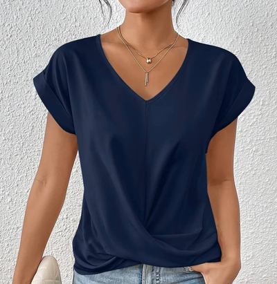 T-shirt femme - Col en V - Modèle ample - Détail croisé - Manches courtes