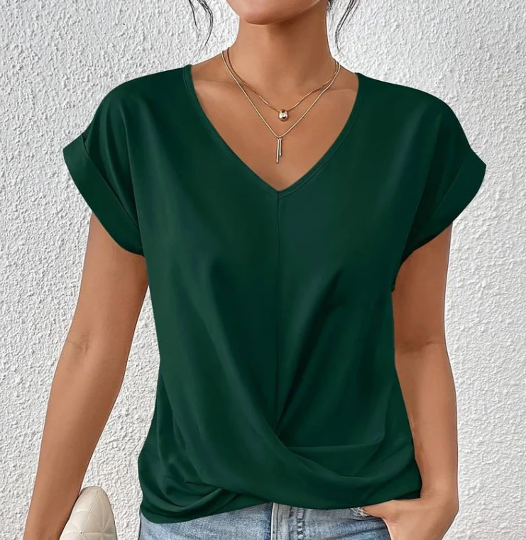 T-shirt femme - Col en V - Modèle ample - Détail croisé - Manches courtes