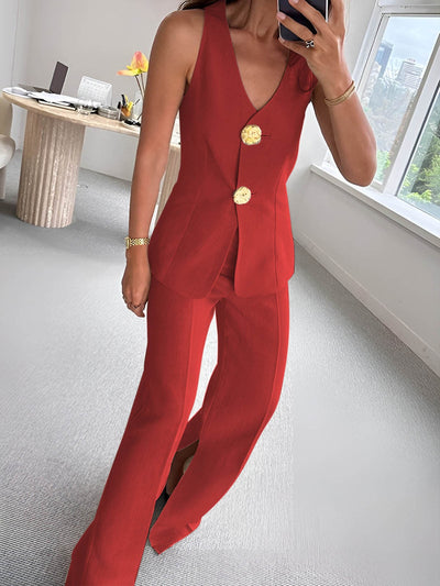 Ensemble pantalon sans manches à boutons fendus