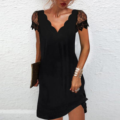 Robe midi femme – Coupe ajustée – Manches en dentelle – Col festonné élégant