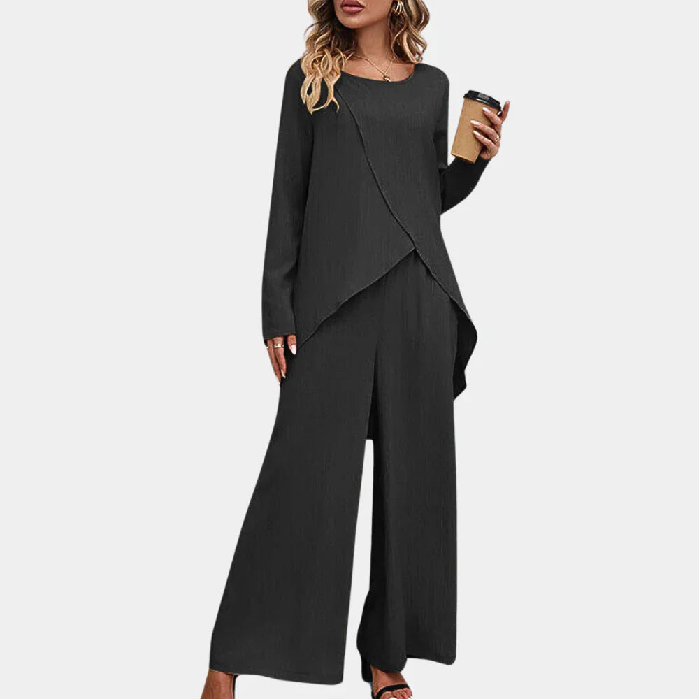 Ensemble tailleur femme – Coupe décontractée – Pantalon large – Haut asymétrique – Tissu luxueux