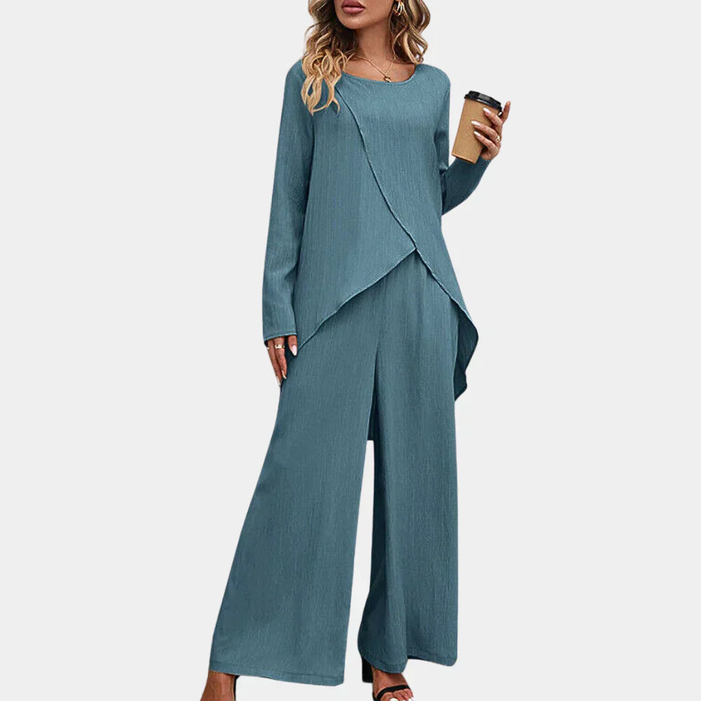 Ensemble tailleur femme – Coupe décontractée – Pantalon large – Haut asymétrique – Tissu luxueux