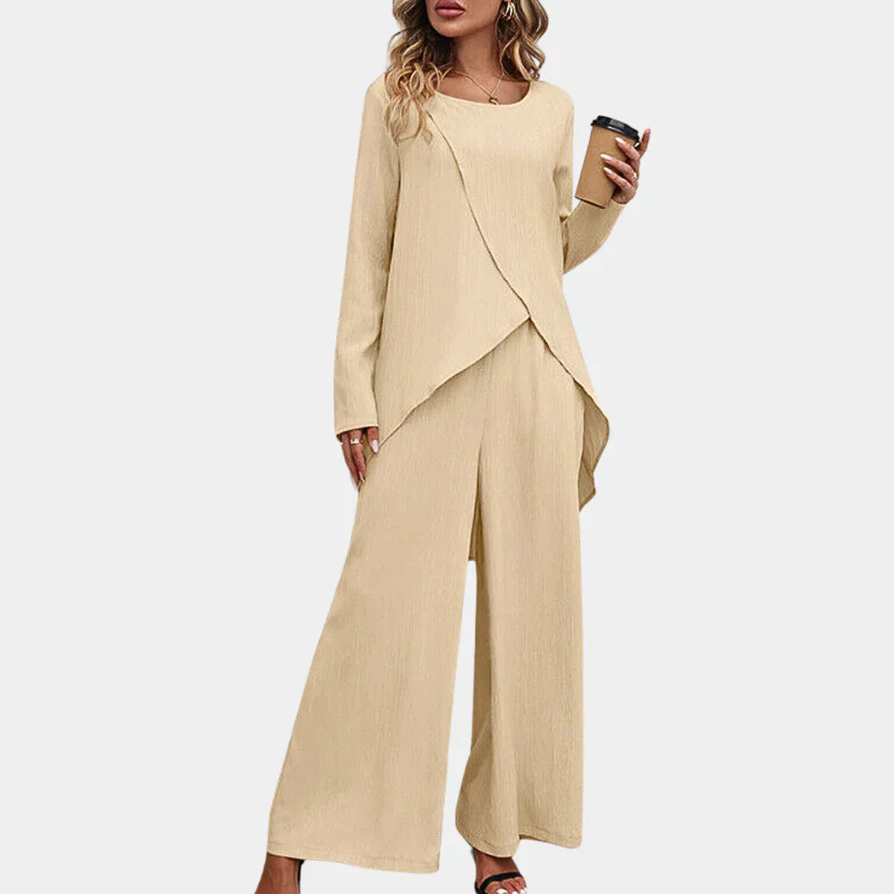 Ensemble tailleur femme – Coupe décontractée – Pantalon large – Haut asymétrique – Tissu luxueux