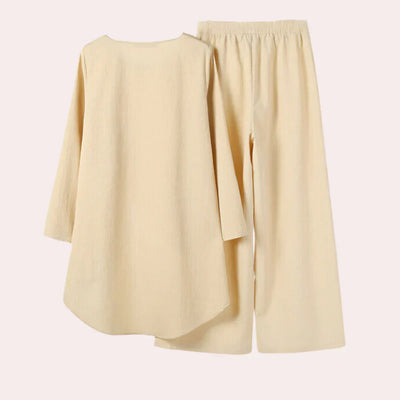 Ensemble tailleur femme – Coupe décontractée – Pantalon large – Haut asymétrique – Tissu luxueux