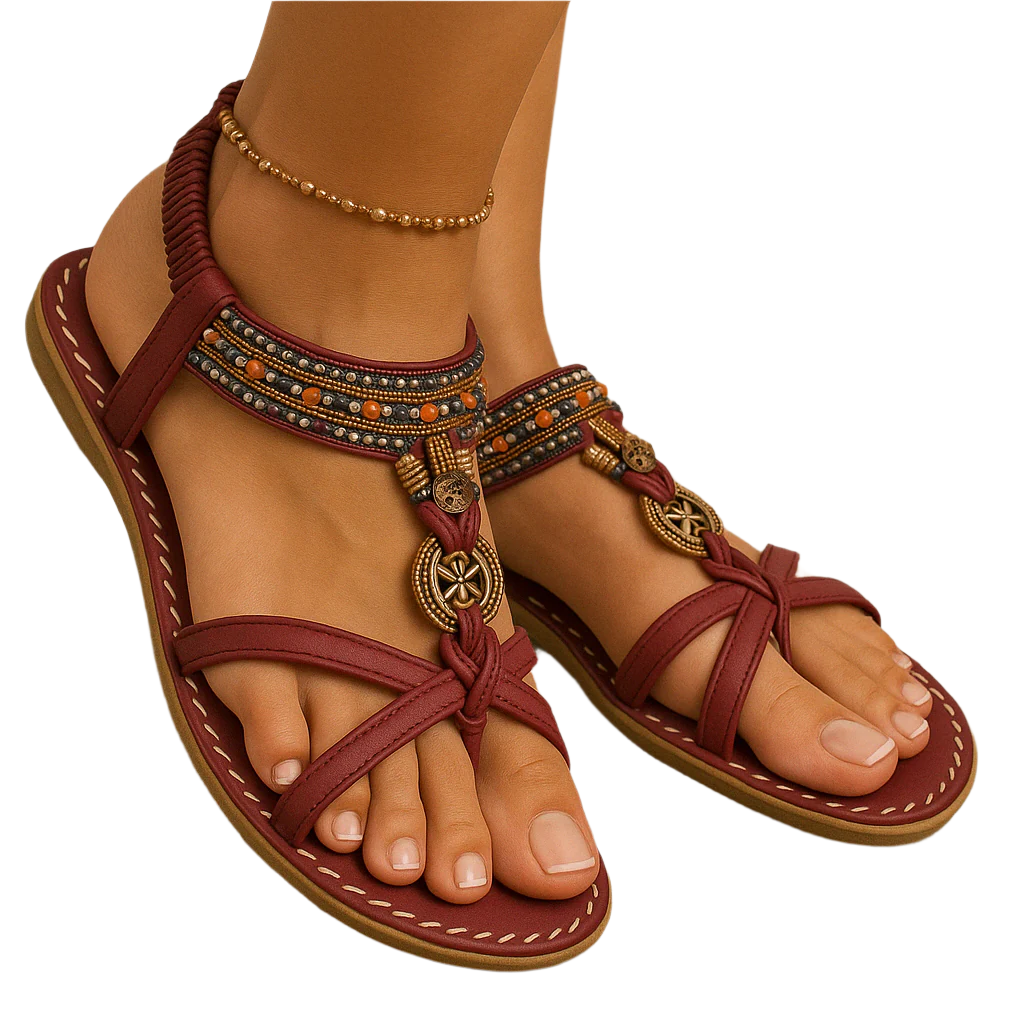 Sandales d'été boho pour femmes, avec lanières perlées et bride à talon