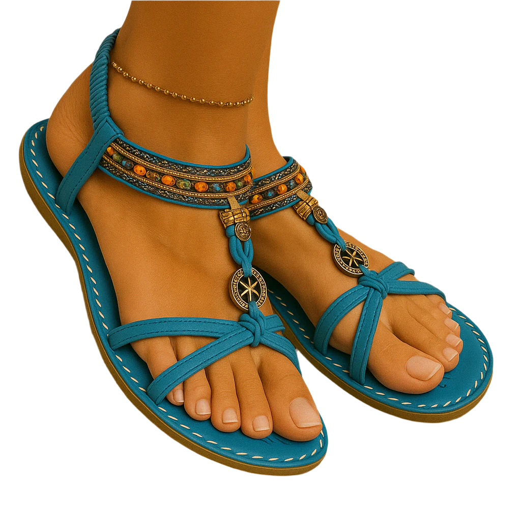 Sandales d'été boho pour femmes, avec lanières perlées et bride à talon