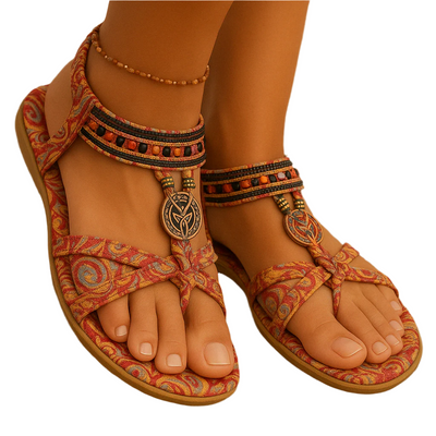 Sandales d'été boho pour femmes, avec lanières perlées et bride à talon