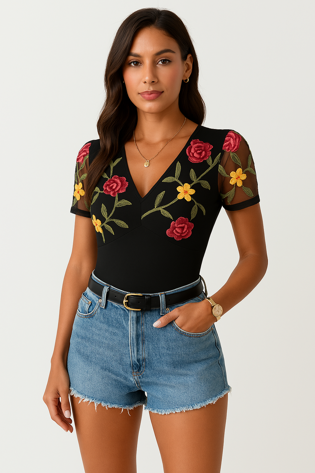 Body femme – Coupe ajustée – Décolleté en V – Manches courtes en tulle brodé
