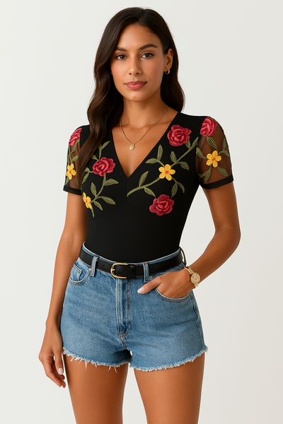 Body femme – Coupe ajustée – Manches courtes en tulle – Col en V brodé floral