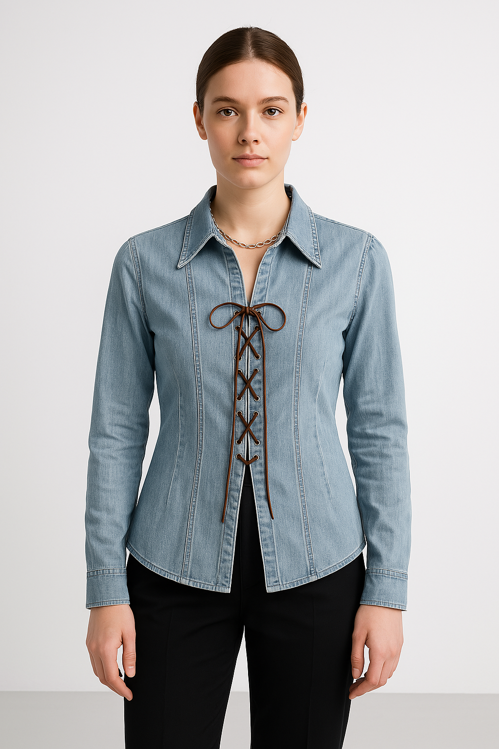 Veste chemise femme – Coupe cintrée – Devant lacé – Manches longues structurées
