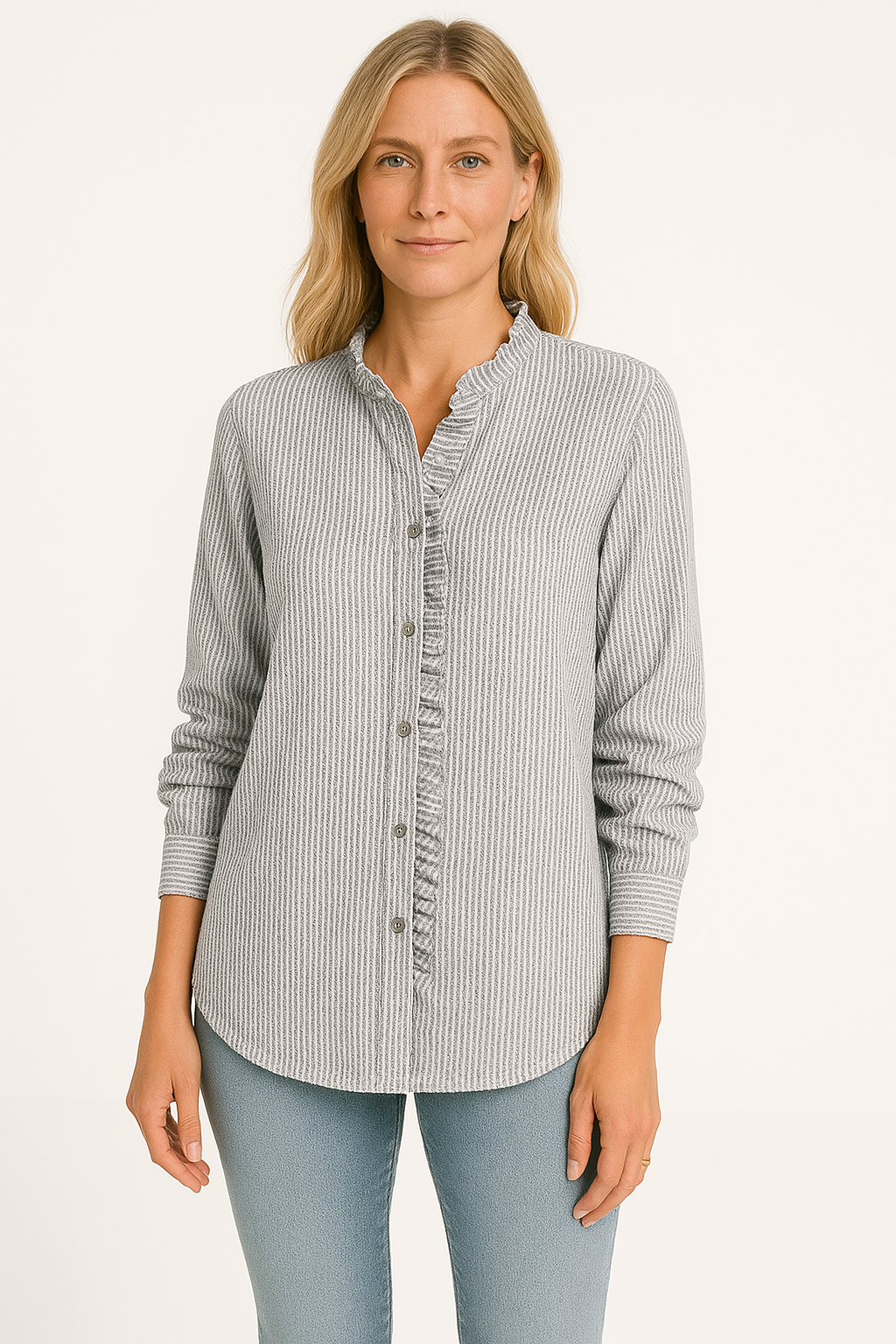 Blouse femme – Coupe décontractée – Tissu texturé – Manches longues – Boutonnage à volants