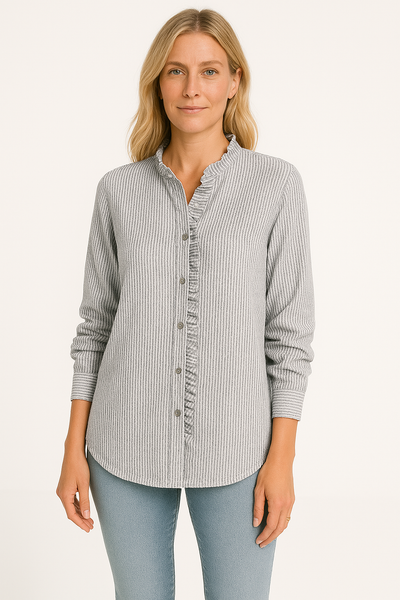 Blouse femme – Coupe décontractée – Tissu texturé – Manches longues – Boutonnage à volants