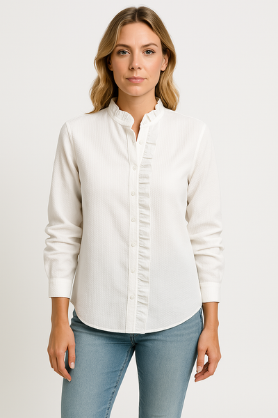 Blouse femme – Coupe décontractée – Tissu texturé – Manches longues – Boutonnage à volants