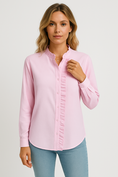 Blouse femme – Coupe décontractée – Tissu texturé – Manches longues – Boutonnage à volants