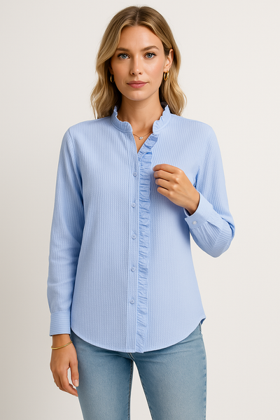 Blouse femme – Coupe décontractée – Tissu texturé – Manches longues – Boutonnage à volants