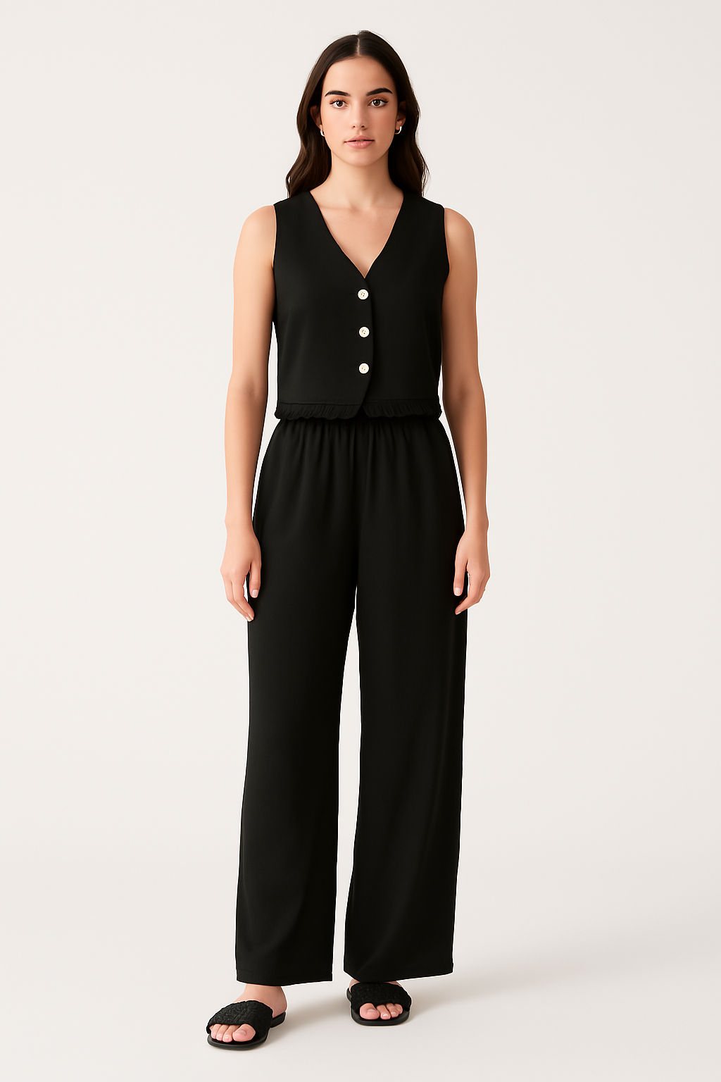 Ensemble Femme Gilet et Pantalon Large – Coupe Cintrée – Détail Dentelle – Tissu Respirant