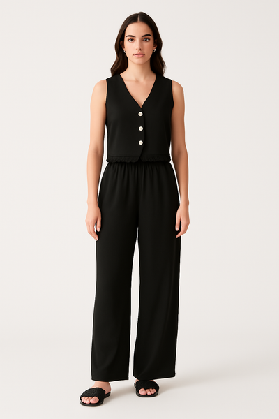 Ensemble Femme Gilet et Pantalon Large – Coupe Cintrée – Détail Dentelle – Tissu Respirant