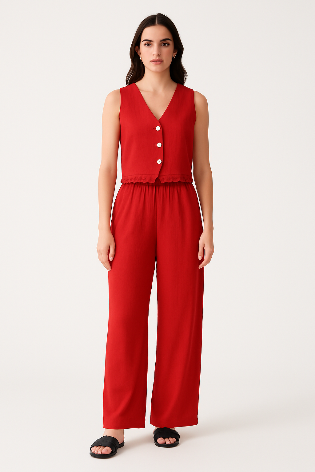 Ensemble Femme Gilet et Pantalon Large – Coupe Cintrée – Détail Dentelle – Tissu Respirant