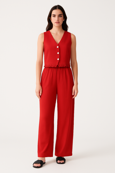Ensemble Femme Gilet et Pantalon Large – Coupe Cintrée – Détail Dentelle – Tissu Respirant