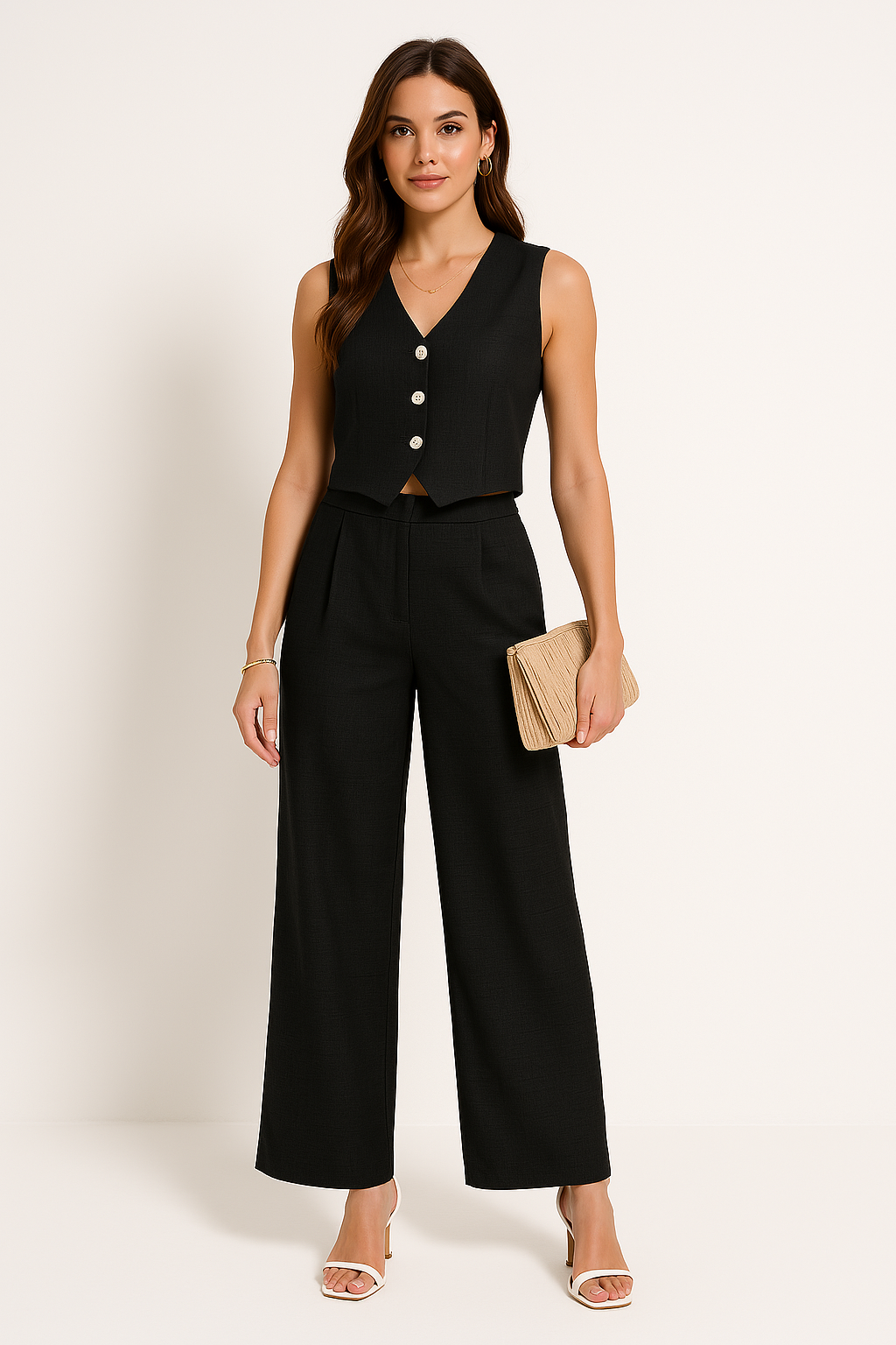 Gilet femme – Coupe ajustée – Décolleté en V – Boutonné – Ourlet court structuré
