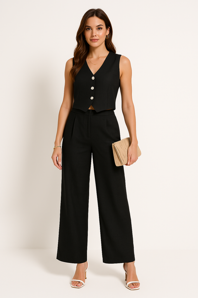 Gilet femme – Coupe ajustée – Décolleté en V – Boutonné – Ourlet court structuré