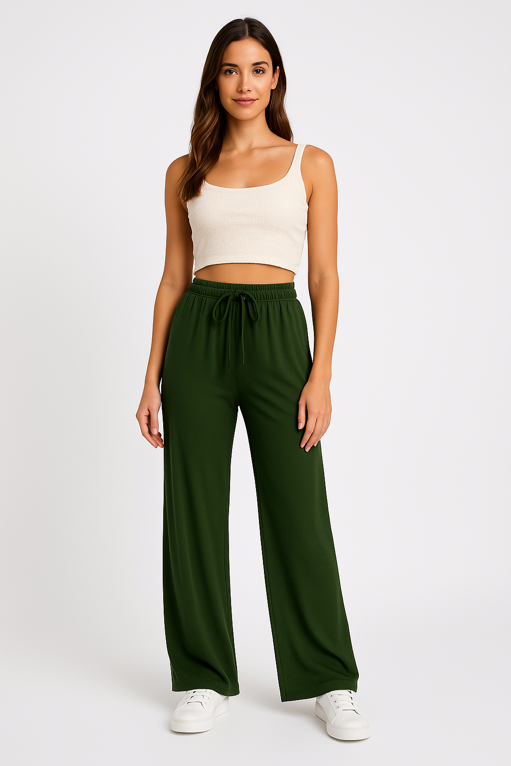 Pantalon Femme Large – Coupe Décontractée – Taille Élastique avec Cordon – Longueur Totale