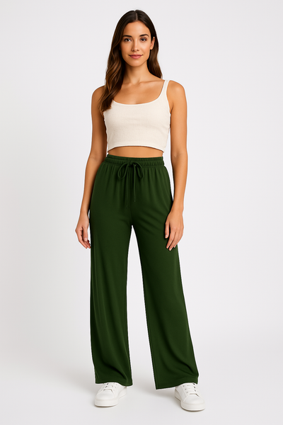 Pantalon Femme Large – Coupe Décontractée – Taille Élastique avec Cordon – Longueur Totale