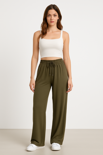 Pantalon Femme Large – Coupe Décontractée – Taille Élastique avec Cordon – Longueur Totale