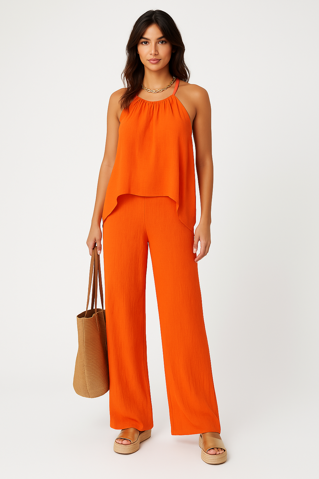 Ensemble Femme Top Dos Nu Asymétrique Fluide – Pantalon Large Taille Haute
