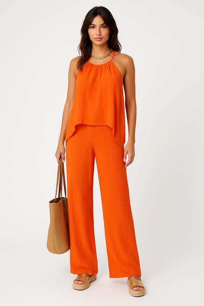 Ensemble Femme Haut Dos Nu et Pantalon Large – Coupe Fluide – Tissu Léger Respirant