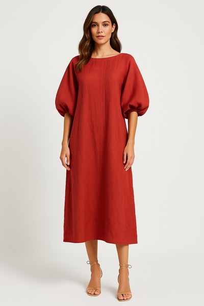 Robe longue femme – Coupe ample – Manches bouffantes – Tissu respirant – Col rond
