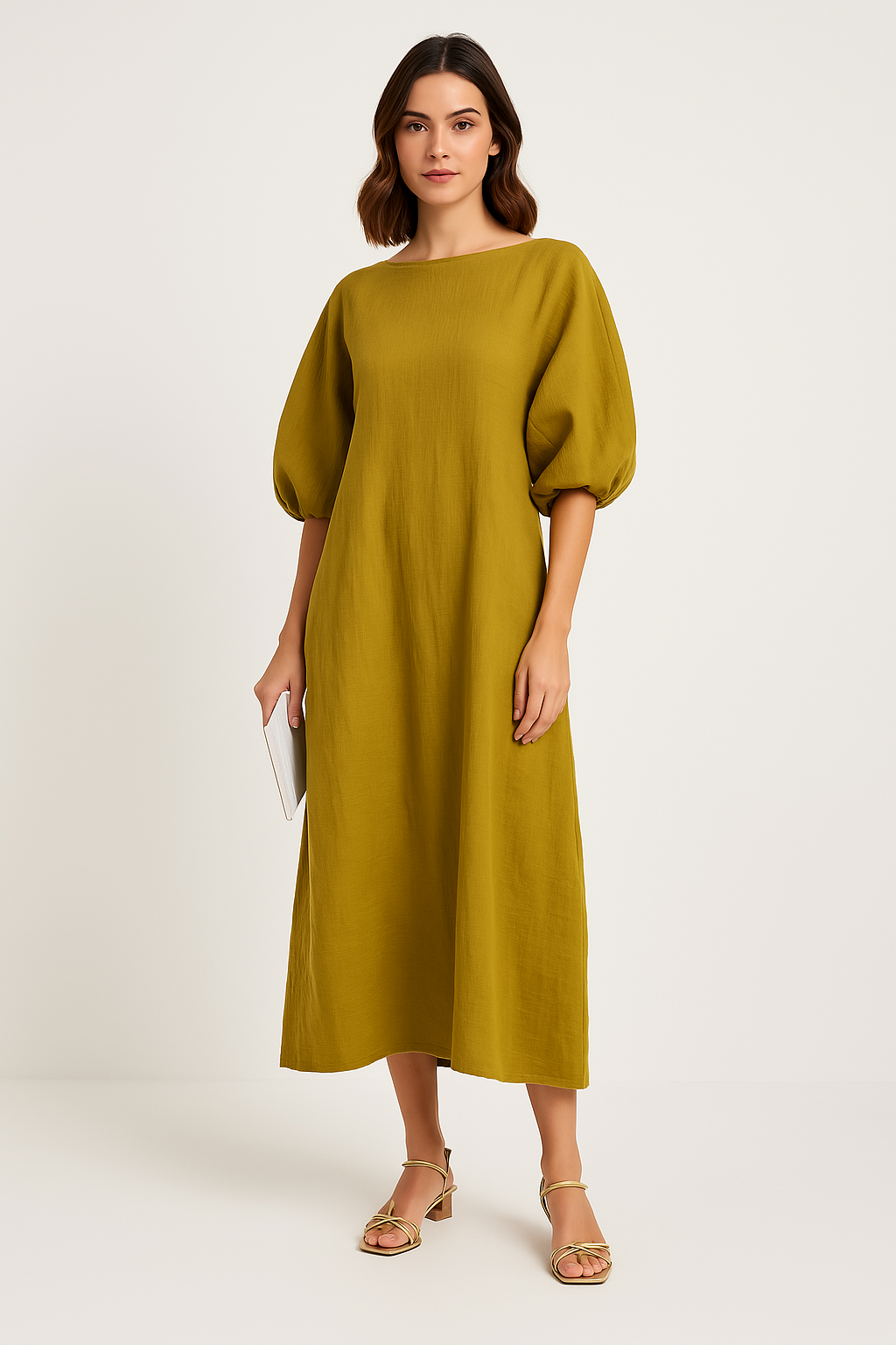 Robe longue femme – Coupe ample – Manches bouffantes – Tissu respirant – Col rond