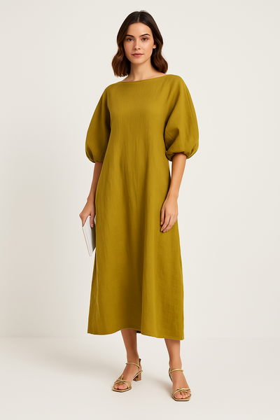 Robe longue femme – Coupe ample – Manches bouffantes – Tissu respirant – Col rond