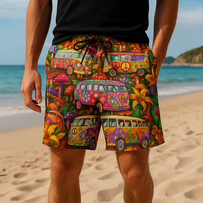 Short de bain homme – Coupe régulière – Séchage rapide – Taille ajustable – Imprimé boho