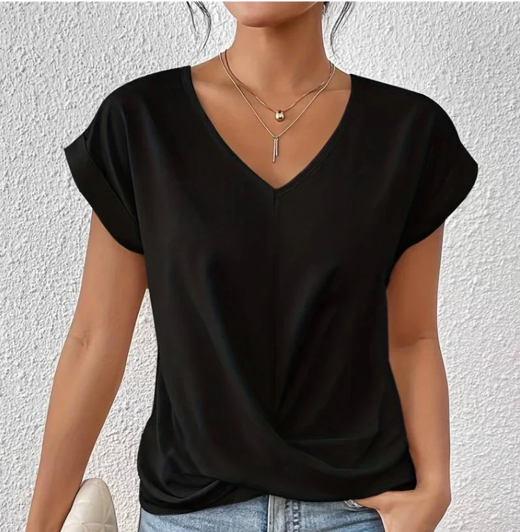 T-shirt femme - Col en V - Modèle ample - Détail croisé - Manches courtes
