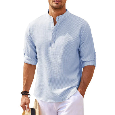 Chemise homme décontractée – Coupe ample – Col mao – Tissu respirant – Manches retroussables