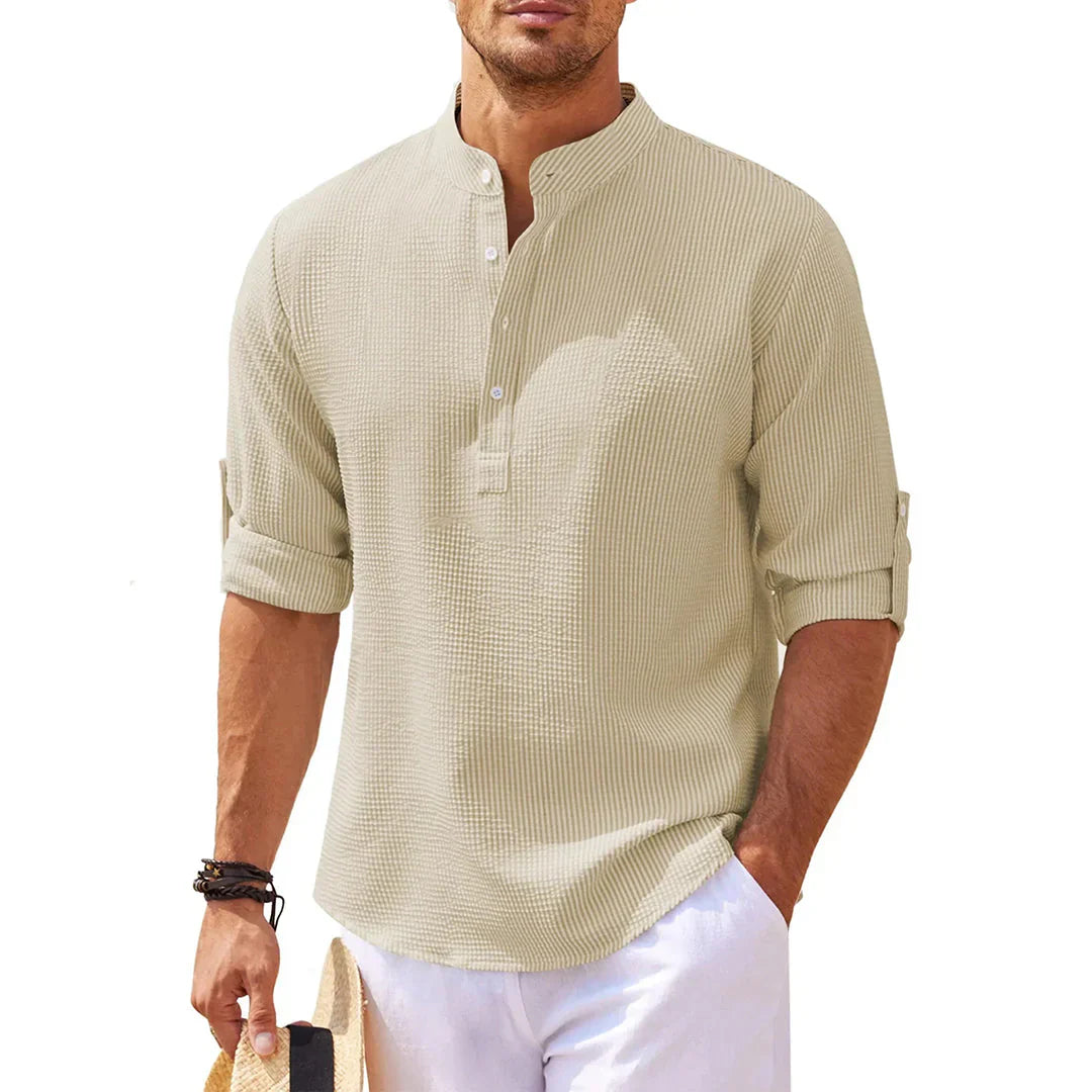 Chemise homme décontractée – Coupe ample – Col mao – Tissu respirant – Manches retroussables