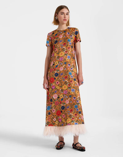 Robe à imprimé floral et plumes