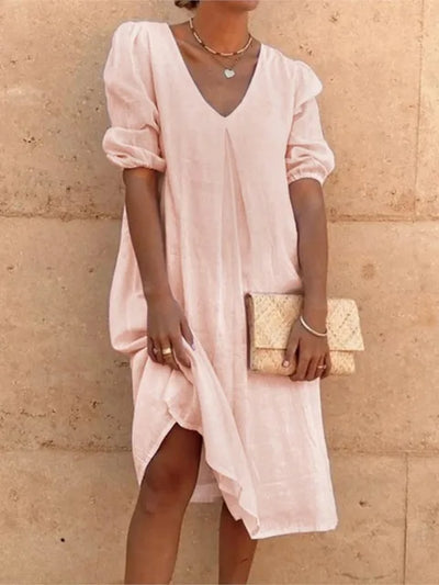 Robe midi femme – Coupe décontractée – Tissu respirant – Manches froncées – Col en V