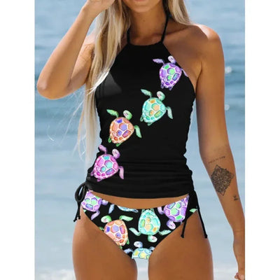 Maillot de bain femme – Haut dos nu imprimé – Bas froncé ajustable – Tissu stretch respirant