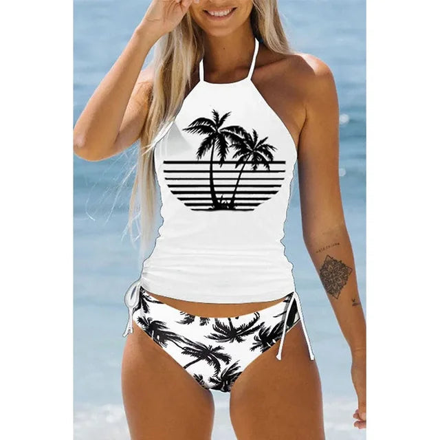 Maillot de bain femme – Haut dos nu imprimé – Bas froncé ajustable – Tissu stretch respirant