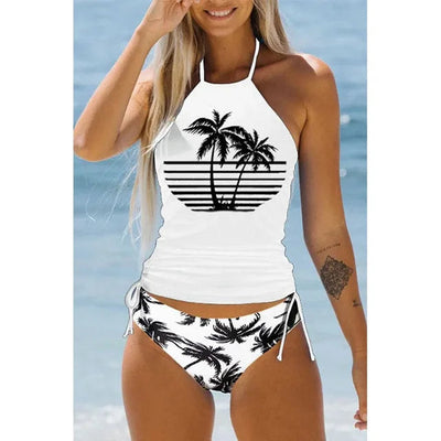 Maillot de bain femme – Haut dos nu imprimé – Bas froncé ajustable – Tissu stretch respirant