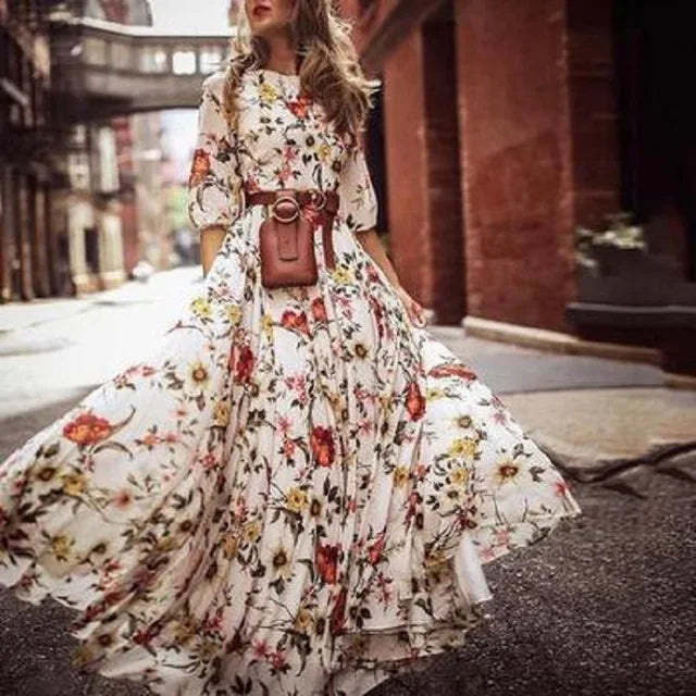 Robe longue femme – Tissu léger respirant – Manches 3/4 – Imprimé fleuri – Taille ceinturée