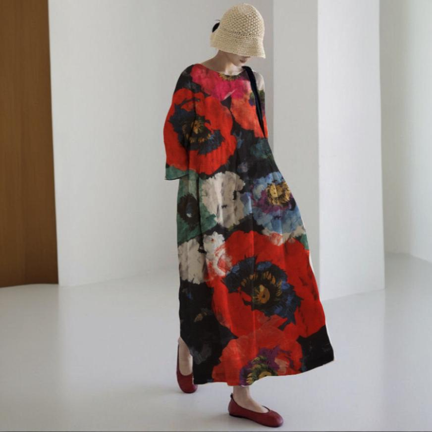 Morgane™ | Roalia robe midi artistique avec un confort maximum et un Imprimé Floral Intense pour un look Impactant