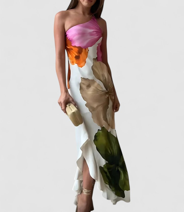 Robe de soirée femme – Coupe cintrée – Encolure asymétrique – Tissu luxueux patchwork