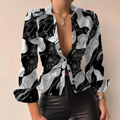 Silvia | Blouse à manches longues en patchwork imprimé en cuir PU à décolleté en V