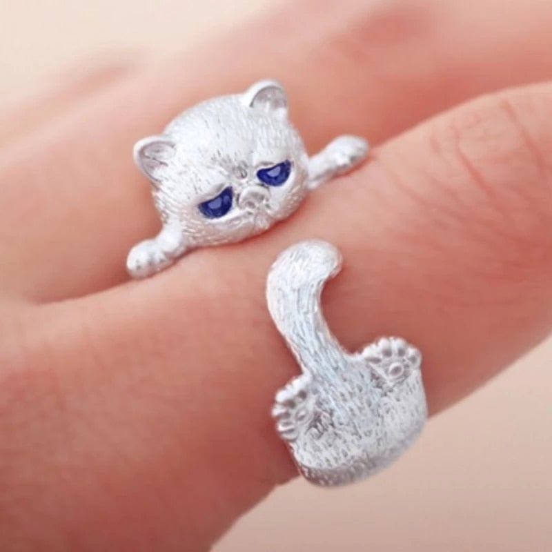 Bague ajustable en argent sterling 925 avec un petit chat