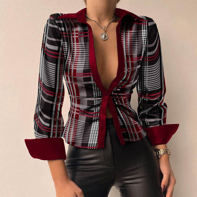 Silvia | Blouse à manches longues en patchwork imprimé en cuir PU à décolleté en V