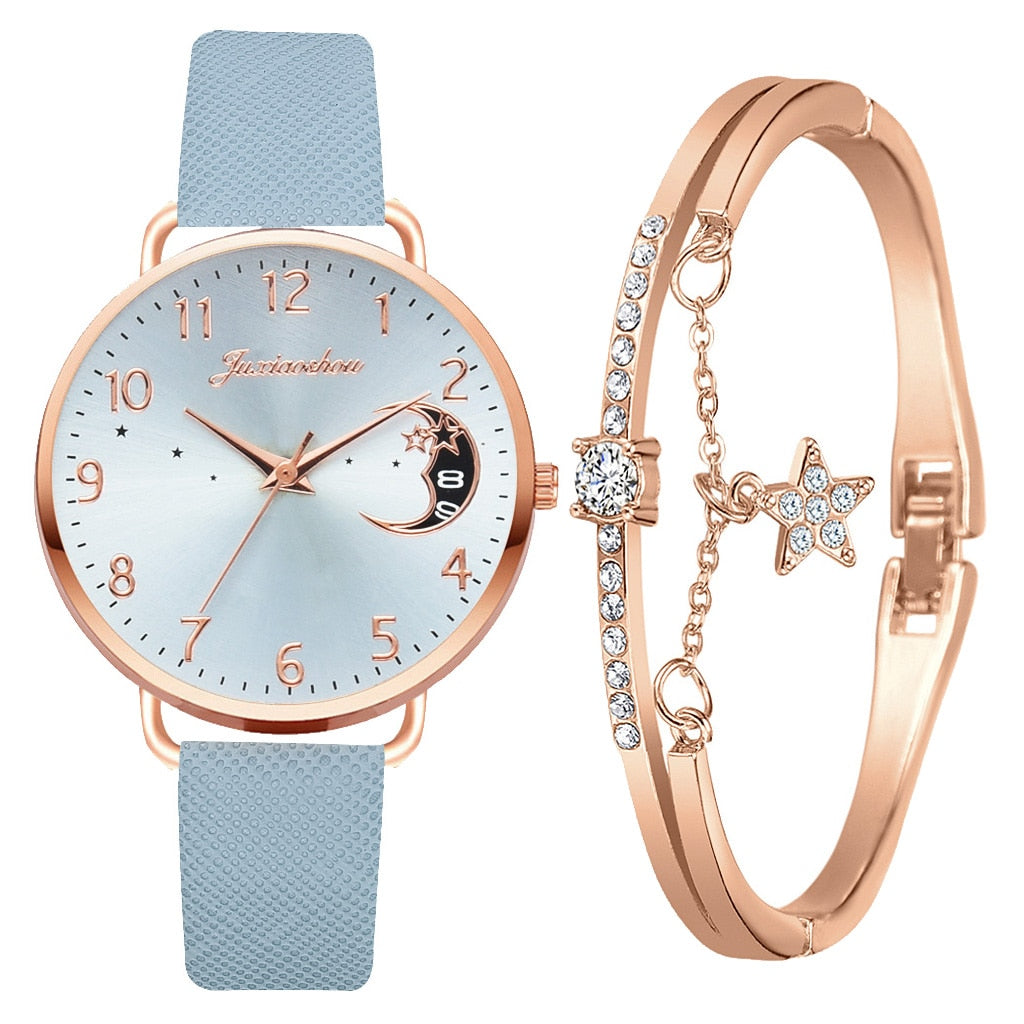 Montre avec Cadran à Chiffres Lunaires et Ensemble de Bracelets