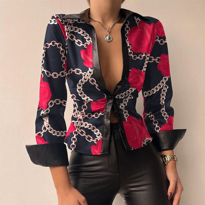 Silvia | Blouse à manches longues en patchwork imprimé en cuir PU à décolleté en V